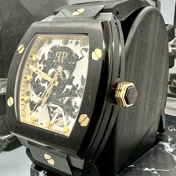 PHILIPP PLEIN Men's Automatic The $keleton Black & Gold-Tone Tonneau Strap Watch - Picture 5 of 9